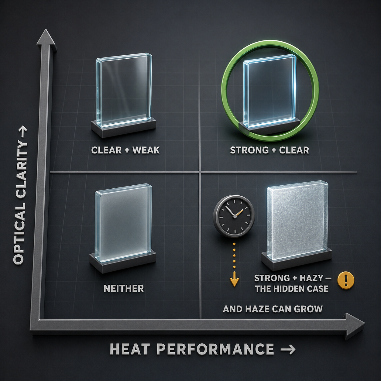 Infographic — Heat Numbers and Optical Quality Are Separate Dimensions: Strong infrared performance and poor clarity can coexist — and no heat metric will reveal it.