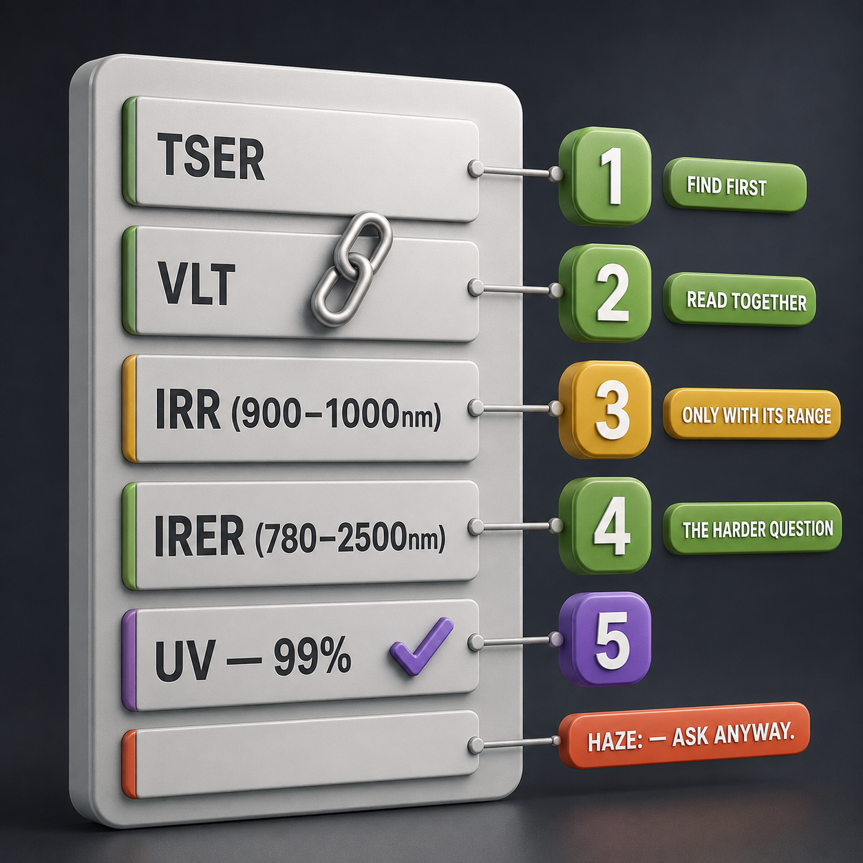 Infographic — How to Read Any Spec Sheet: TSER first, always with its VLT. IRR only with its range. IRER where published. The line, not just the product.