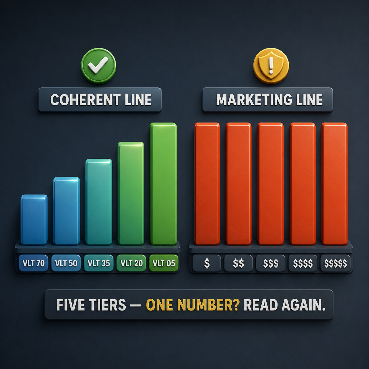 Infographic — Honest Lines Move Coherently: TSER should climb as VLT falls and tiers ascend. A line of identical spectacular claims is a marketing decision in print.