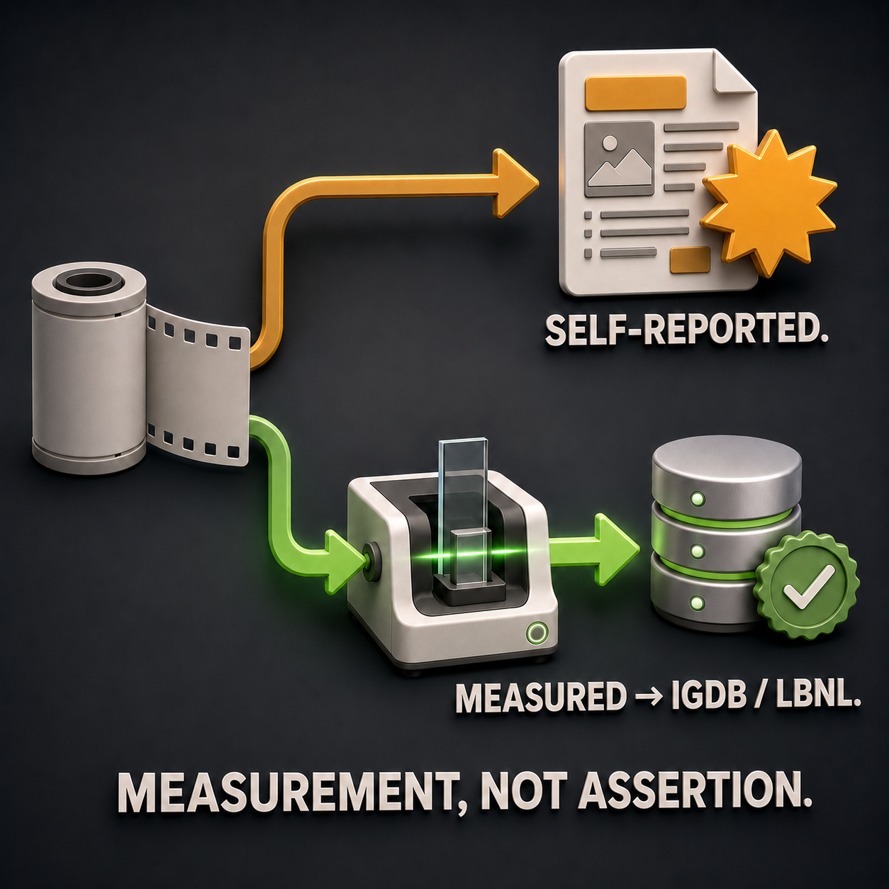 Infographic — Beyond Self-Reporting: Spectrophotometric measurement, submitted to the International Glazing Database, processed through the LBNL toolchain.