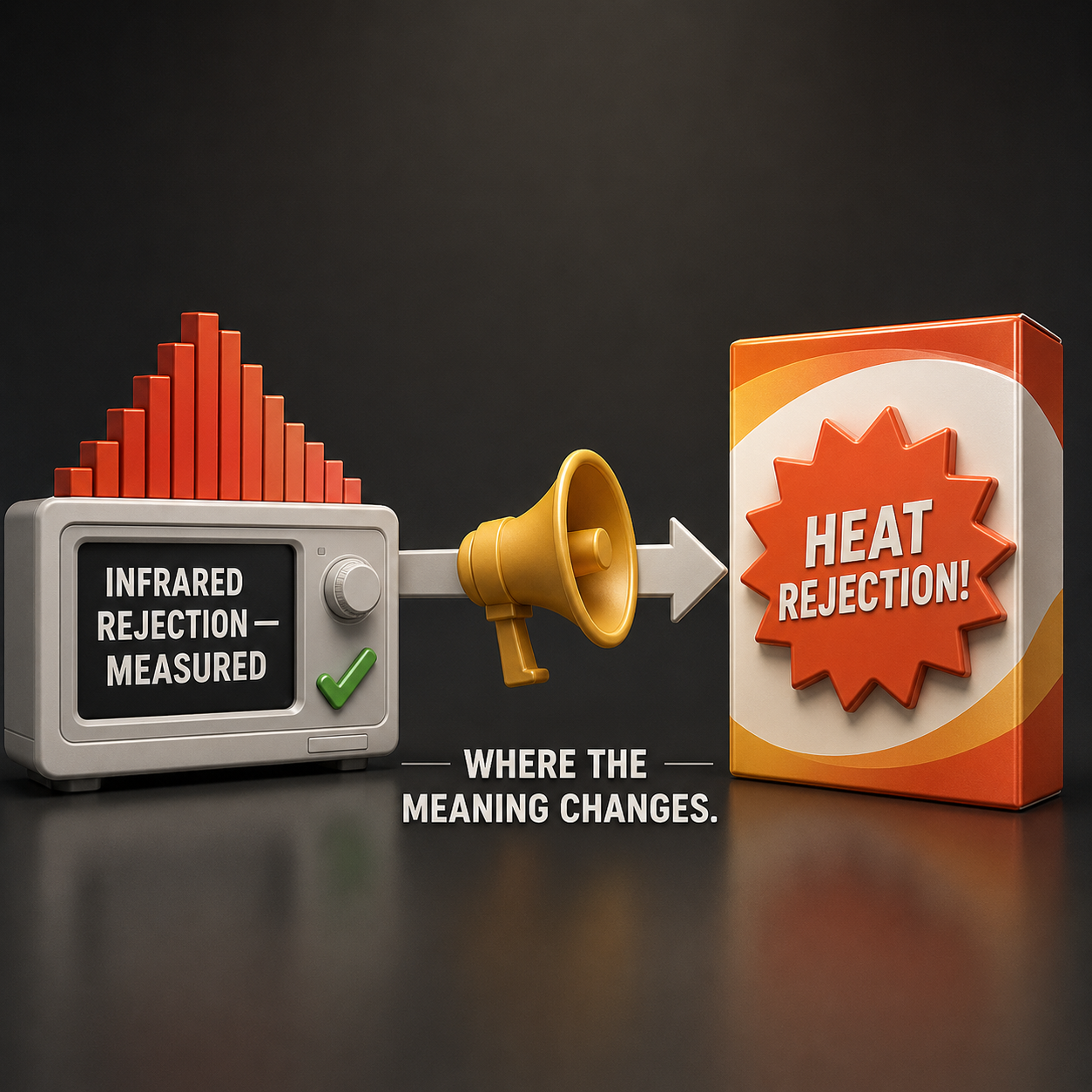 Infographic — The Number Is Honest. The Framing Often Isn't.: Infrared rejection presented as heat rejection converts a partial measurement into a total claim.