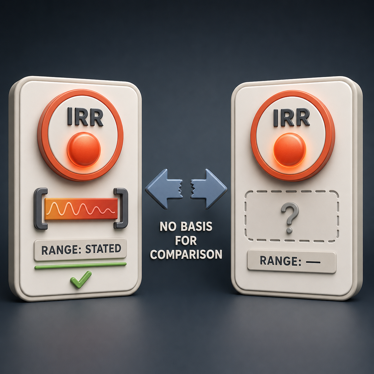 Infographic — Undisclosed Range, Uncomparable Number: Two brands printing 'IRR' across different unstated ranges produce numbers that cannot be compared to anything.