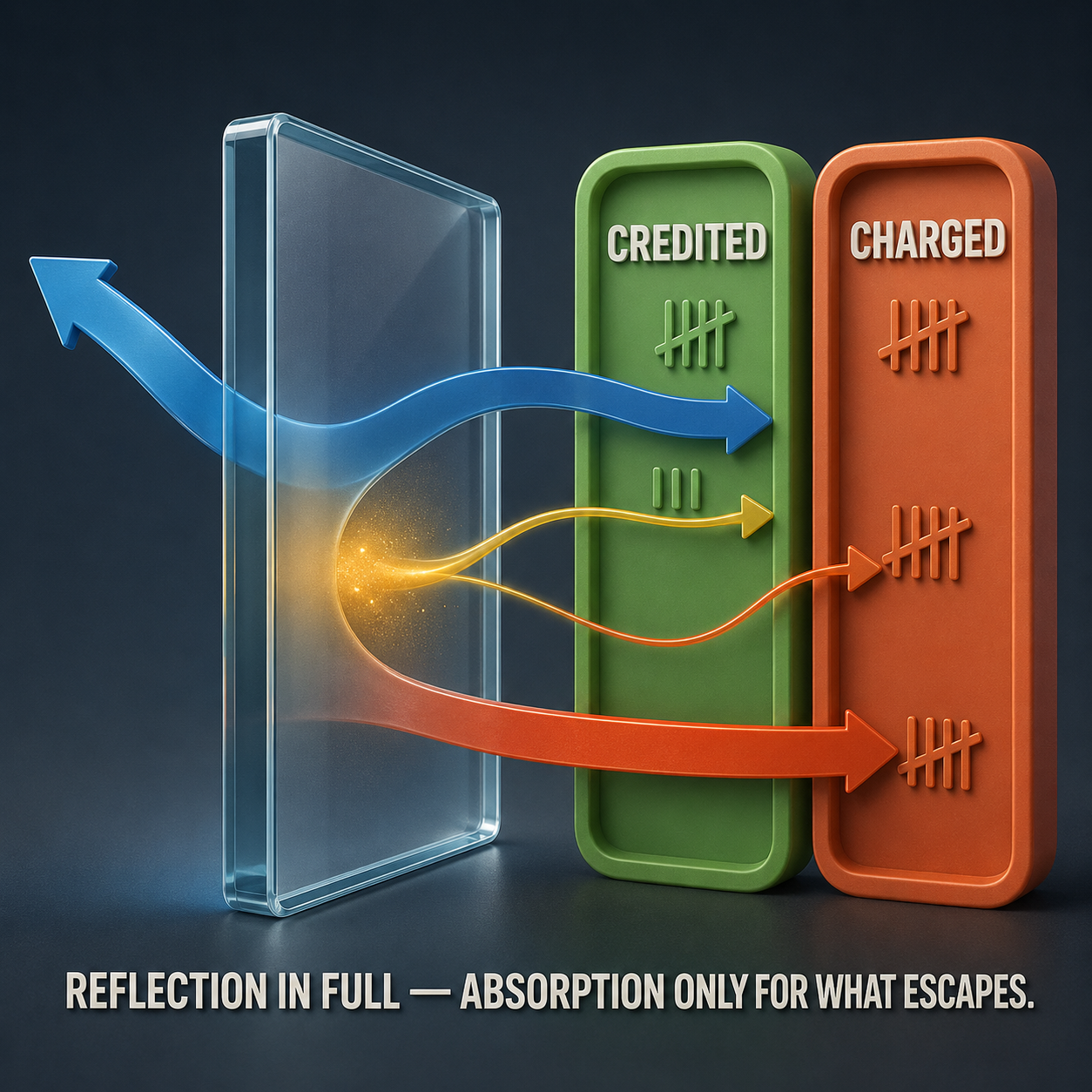 Infographic — Honest Accounting Splits the Absorbed Share: In the formal definition of solar rejection, reflection counts in full — absorption counts only for what escapes outdoors.