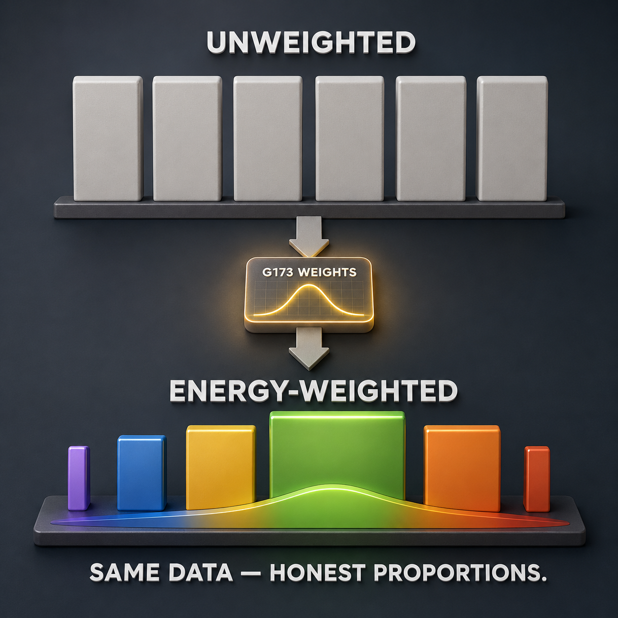Infographic — Score Performance Where the Energy Lives: Energy weighting scores each wavelength in proportion to the solar power actually present there.