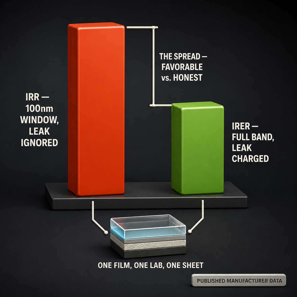 Infographic — 98% and 70% — Two Questions, One Film: The distance between a product's IRR and its IRER is the measured gap between the favorable question and the honest one.