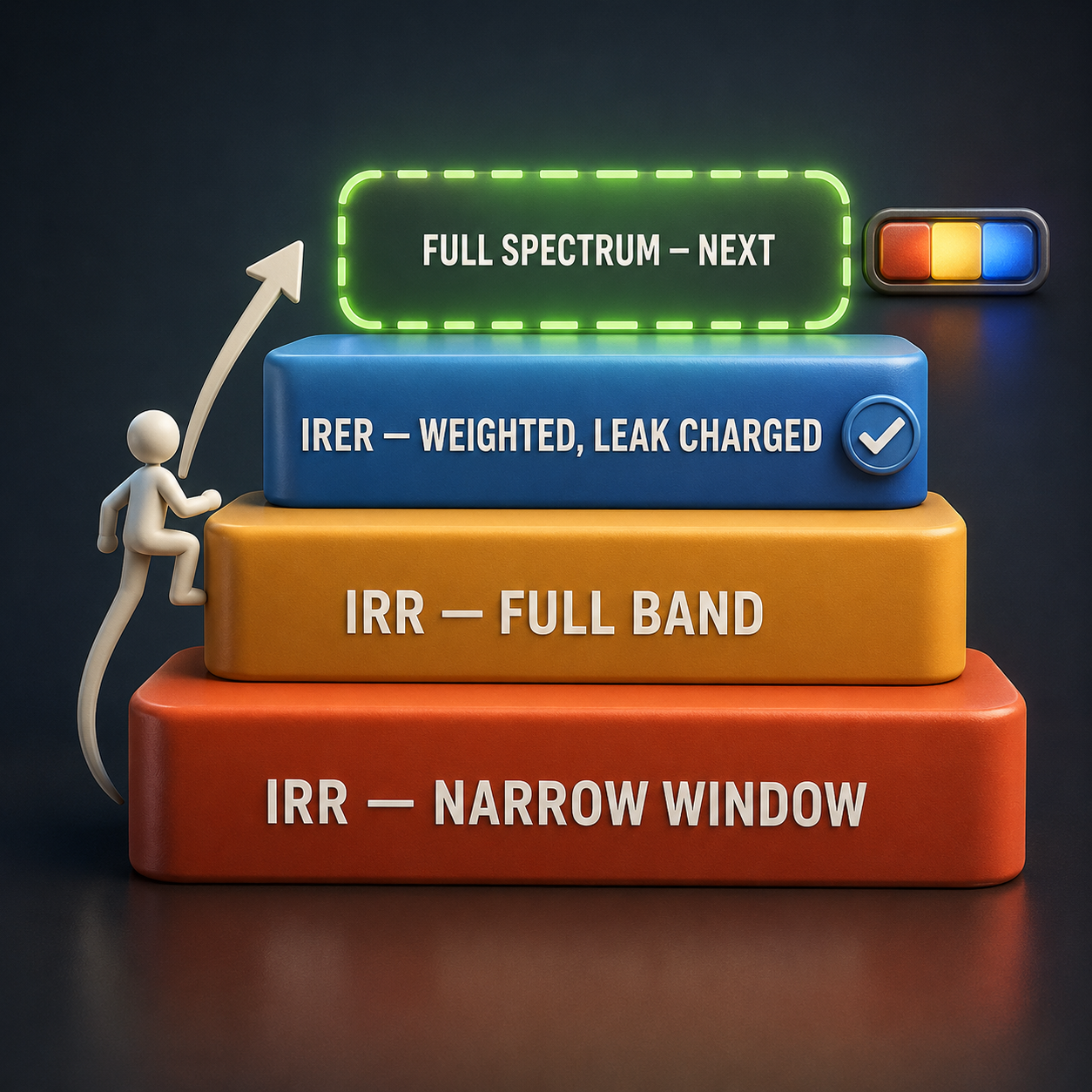 Infographic — Each Step Asks a Harder Question: From a slice of one band, to the full band honestly scored, to the metric still missing — the whole spectrum.