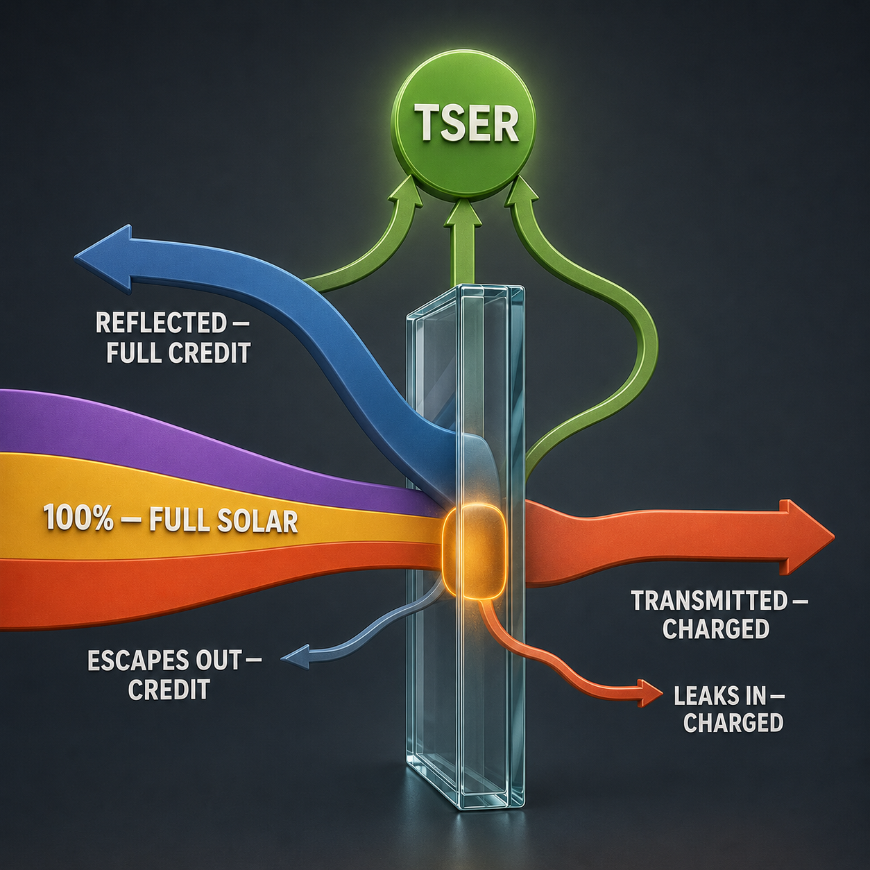 Infographic — TSER: Every Band, Every Pathway, Honestly Scored: Reflectance in full, plus only the absorbed share that escapes outdoors — across the entire spectrum.