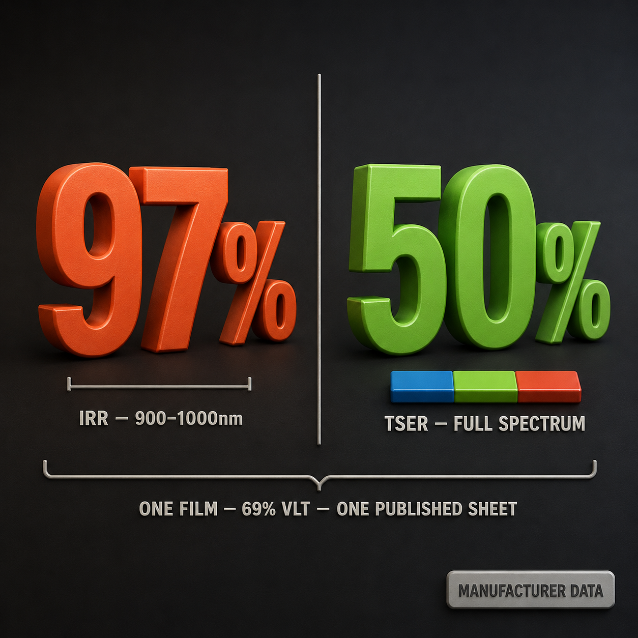 Infographic — The Same Film. The Same Sheet. Two Different Questions.: 97% IRR describes a 100-nanometer window. 50% TSER describes the total solar load. Both are printed together.