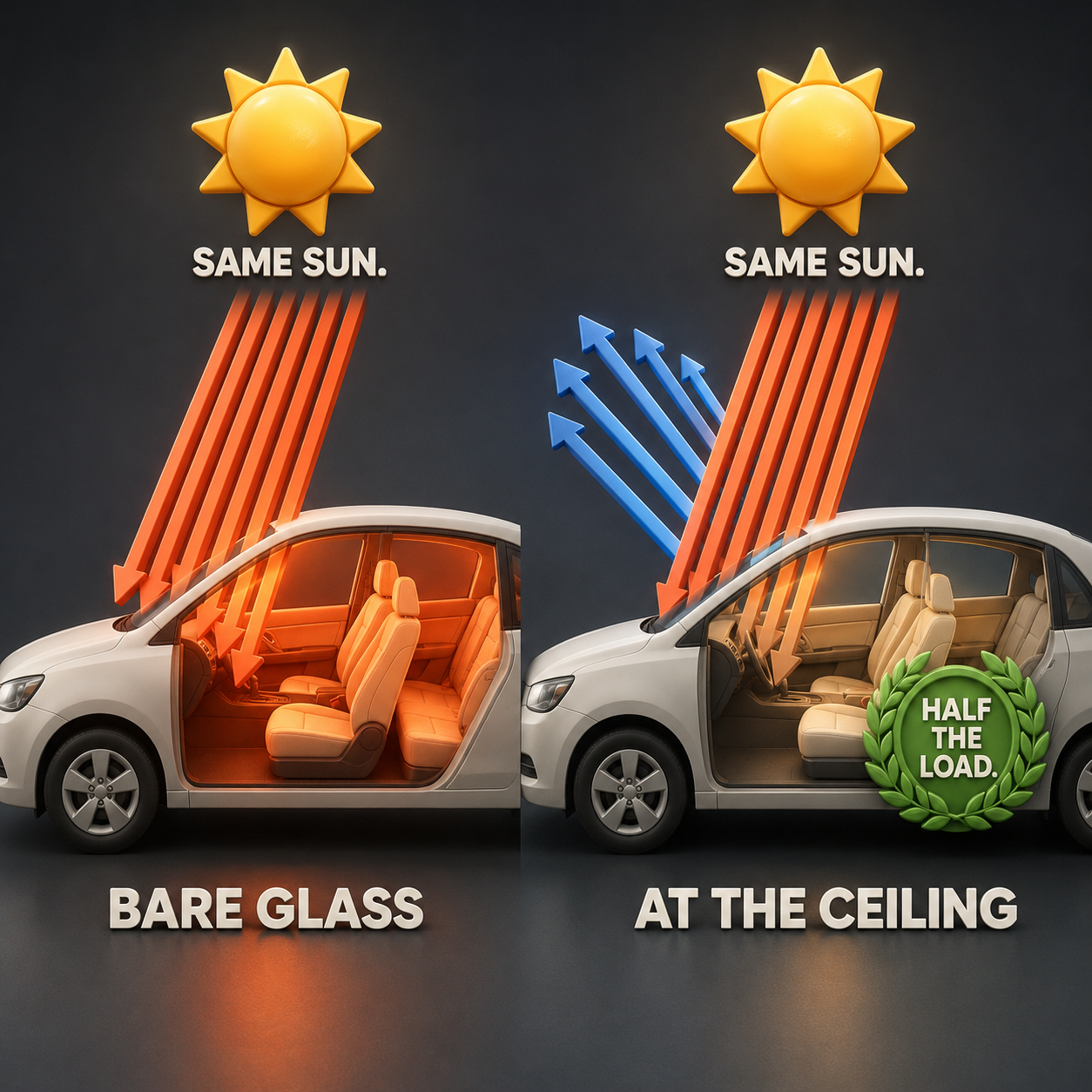 Infographic — Products Near the Ceiling Are the Achievement: Removing half the solar load through a pane clear enough to drive behind is genuinely difficult engineering.
