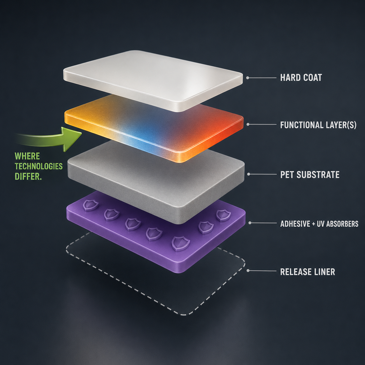 Infographic — Anatomy of a Window Film: Five layers, one of which does the differentiating — the rest is shared engineering.