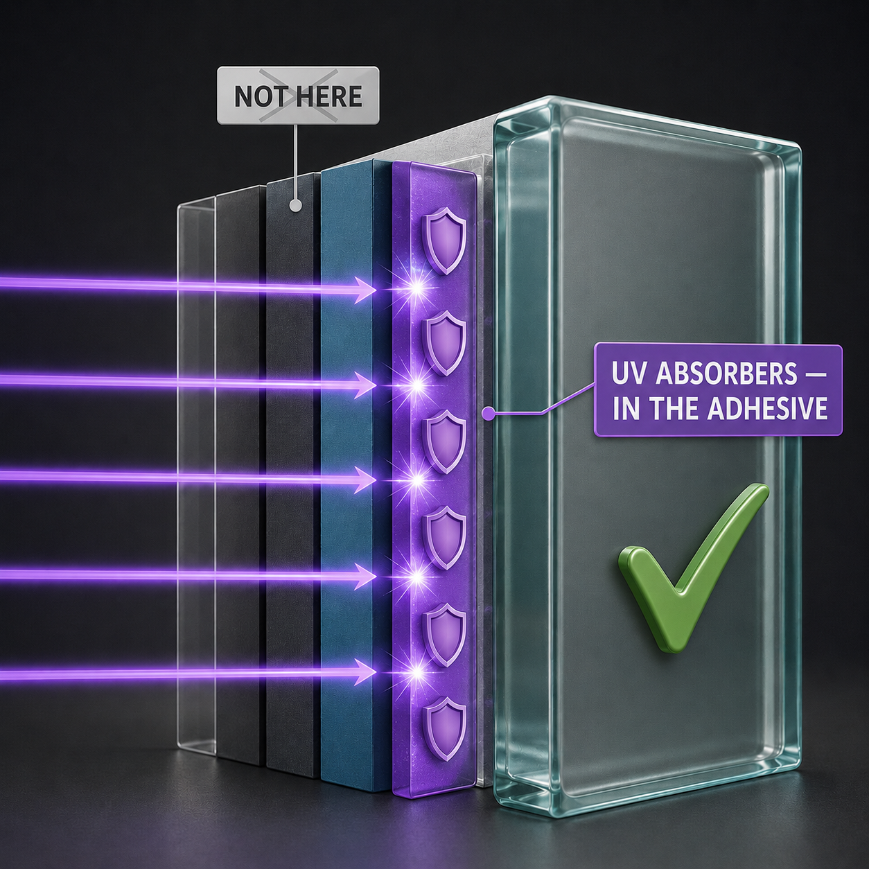 Infographic — The UV Absorbers Are in the Adhesive: In quality films, dedicated UV protection typically resides in the bonding layer — not the coloring material.