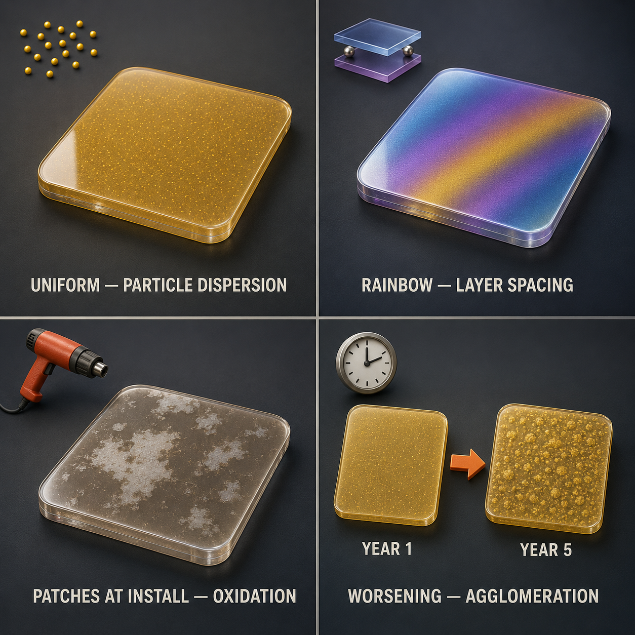 Infographic — The Haze Pattern Names Its Cause: Uniform: dispersion. Worsening: agglomeration. Rainbow: layer spacing. Patches at install: oxidation.