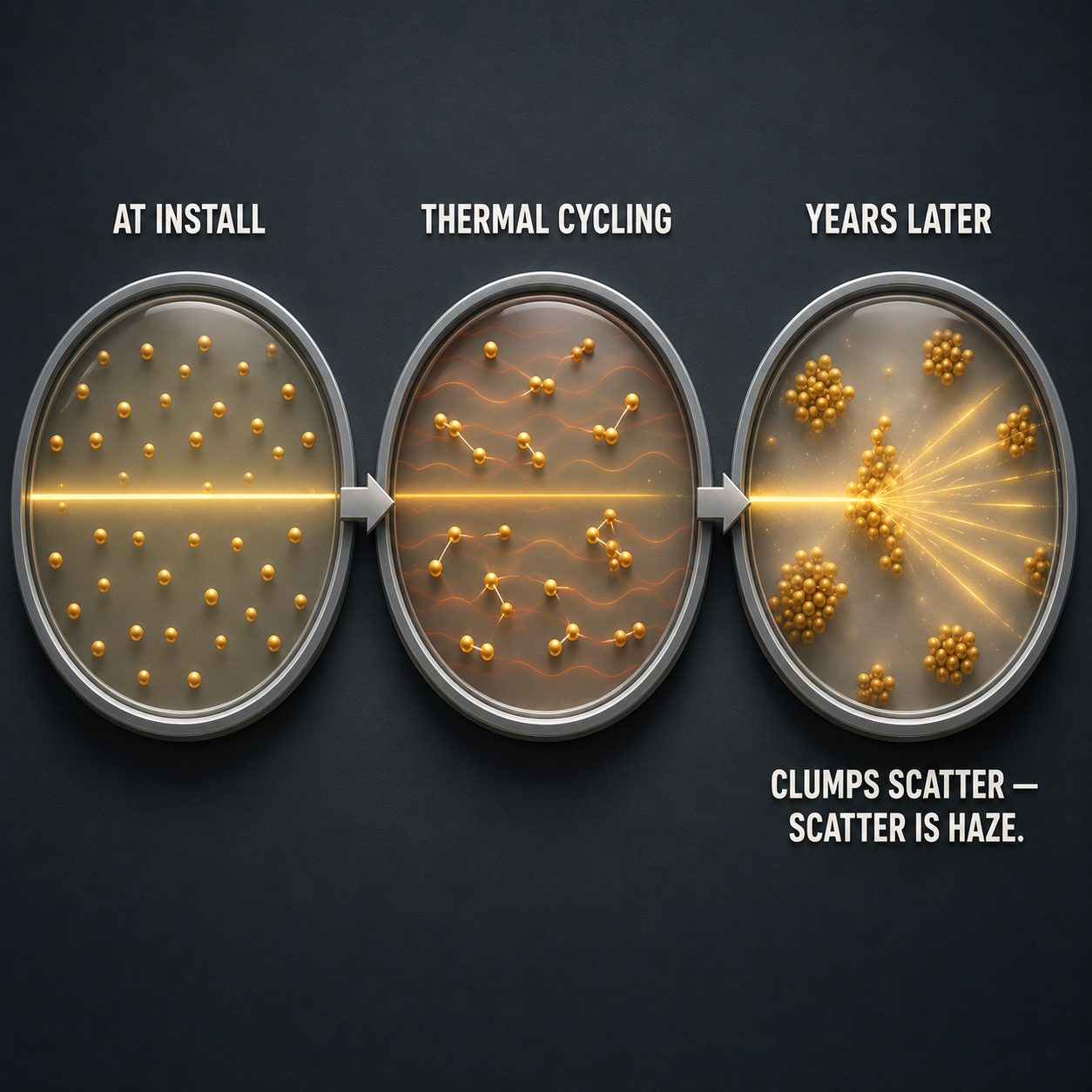 Infographic — Agglomeration: The Aging Pathway of Dispersed Film: Thermal cycling lets van der Waals forces gather suspended particles into clumps — and clumps scatter light.