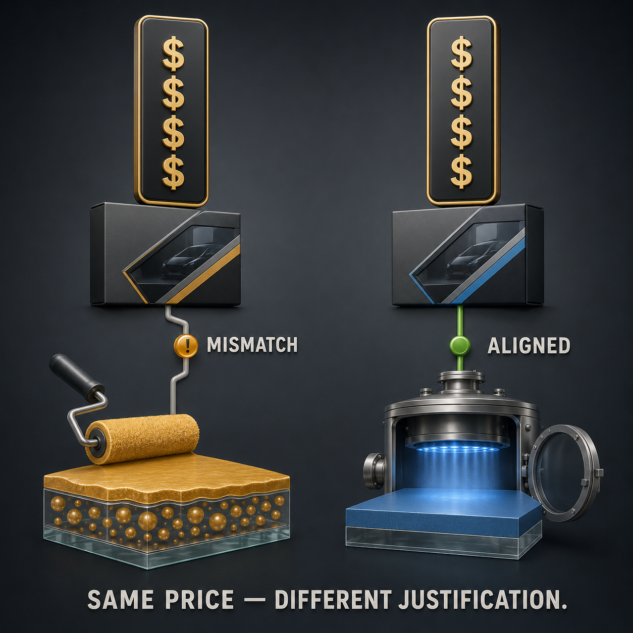 Infographic — Read the Price Against the Construction: A dispersed product priced at a sputtered tier is charging vacuum-chamber money for coating-roller economics.