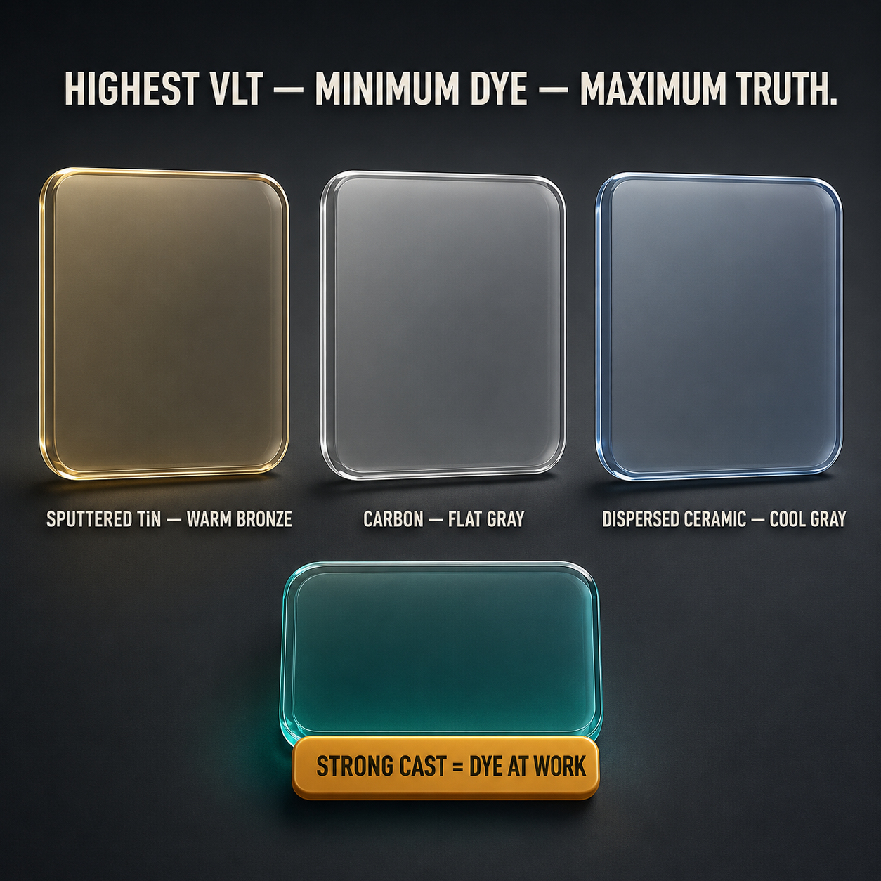 Infographic — The Lightest Shade Tells the Truth: Minimum dye means the functional layer shows its natural color — bronze-gold for TiN, flat gray for carbon, cool gray for dispersed ceramic.