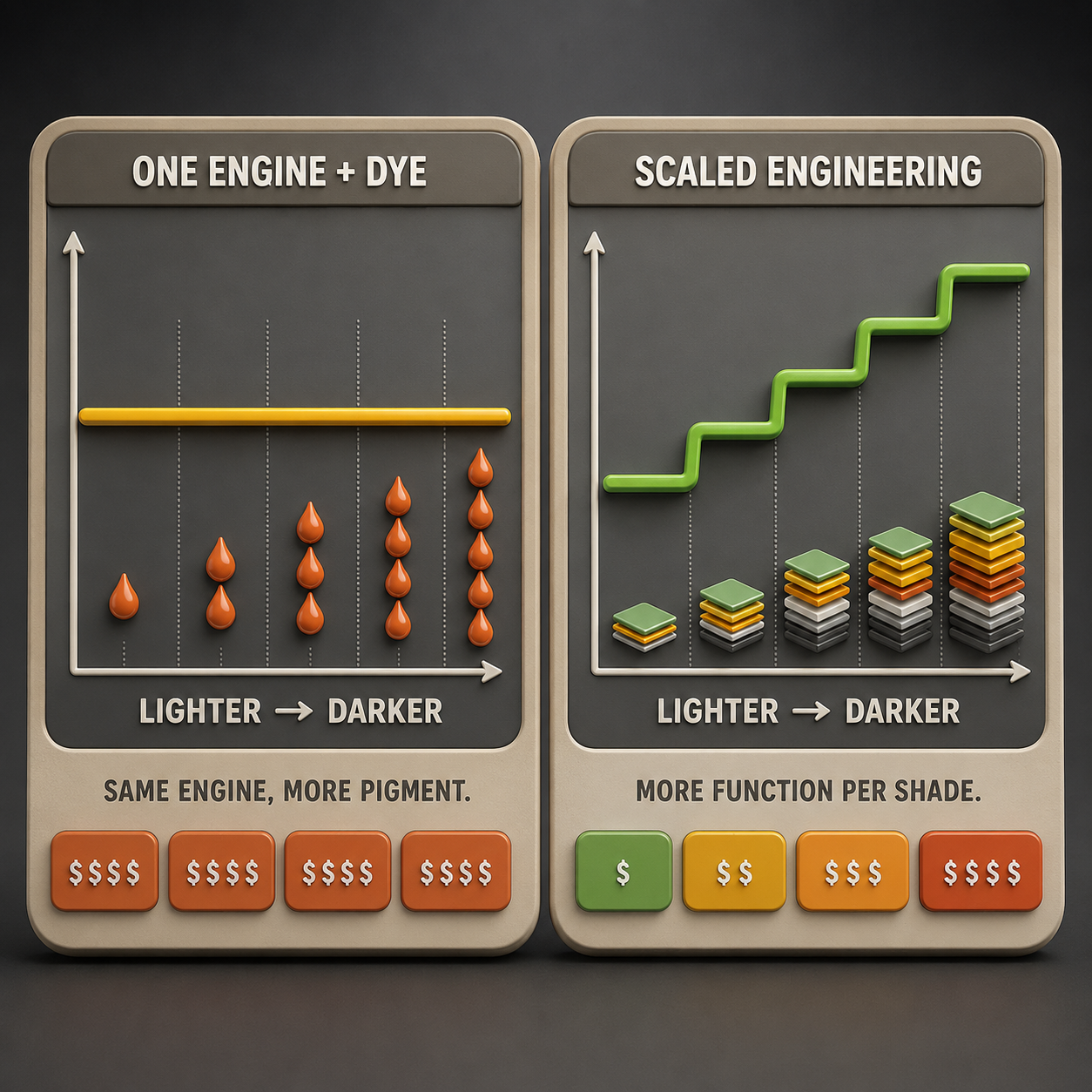 Infographic — Does the Engine Scale, or Does the Dye?: Flat IR performance across shades means one engine and more pigment. Climbing performance means engineering, shade by shade.
