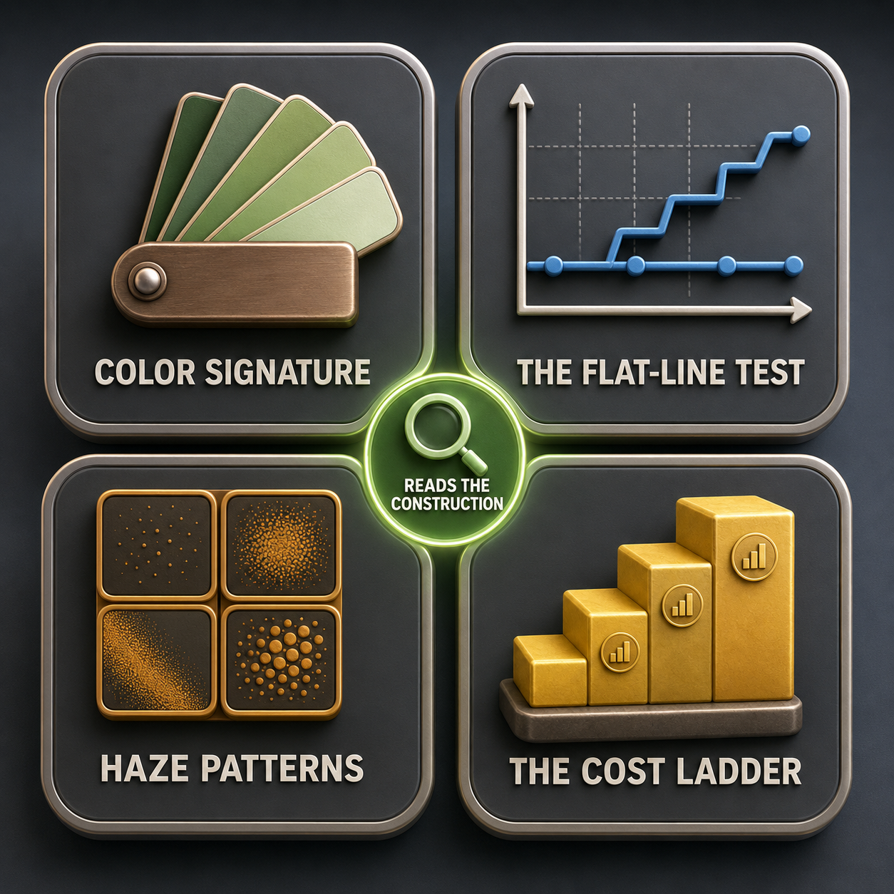 Infographic — Four Instruments, No Laboratory: The color signature, the flat-line test, the haze patterns, and the cost ladder — construction read from the outside.