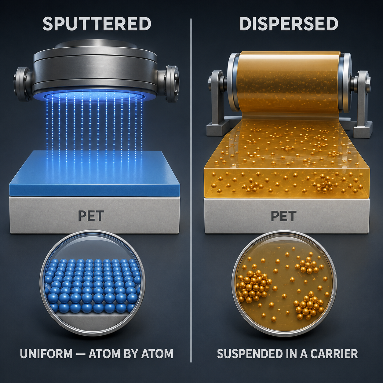 Infographic — Two Ways to Build a Film's Engine: Atom-by-atom deposition versus particles suspended in a carrier — the construction method matters as much as the material.