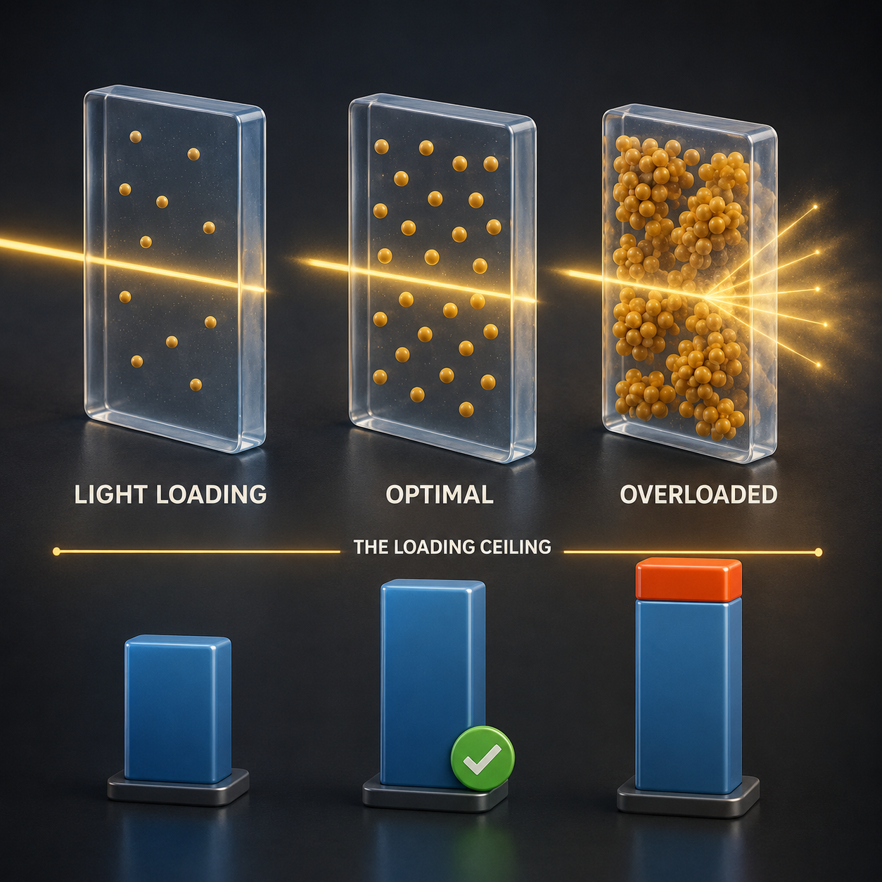 Infographic — Dispersed Films Hit a Particle Limit: More particles means more solar work — until clarity and adhesion start paying for it.