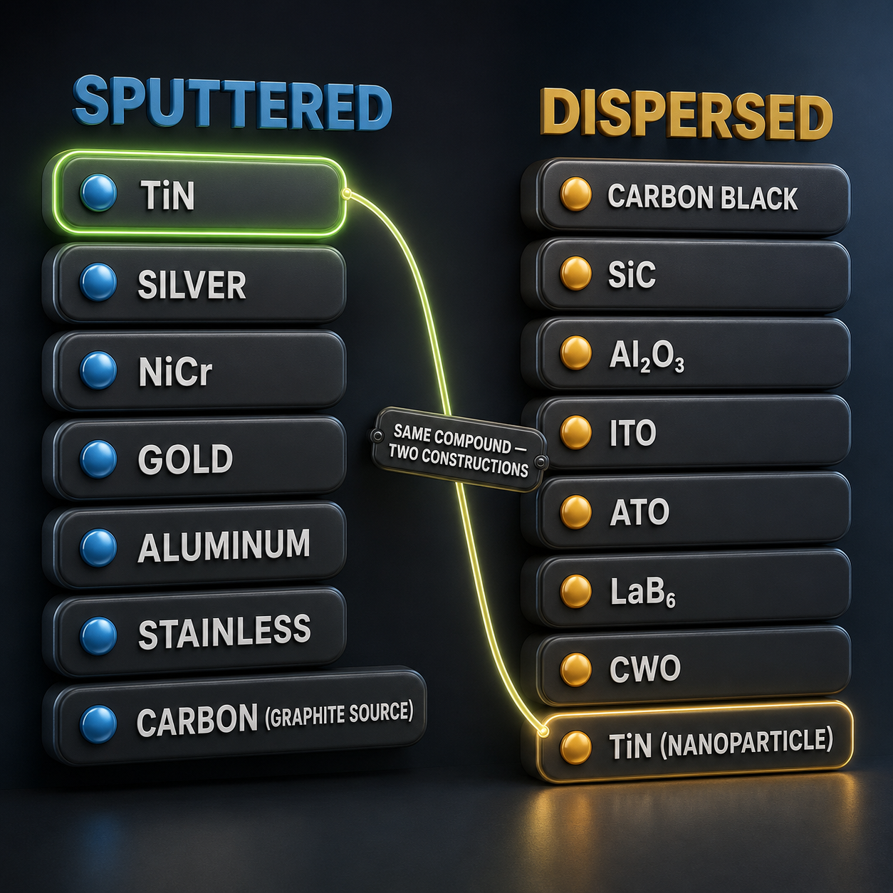 Infographic — The Materials Map: Two families build every functional layer: sputtered continuous materials and dispersed particles in carriers.