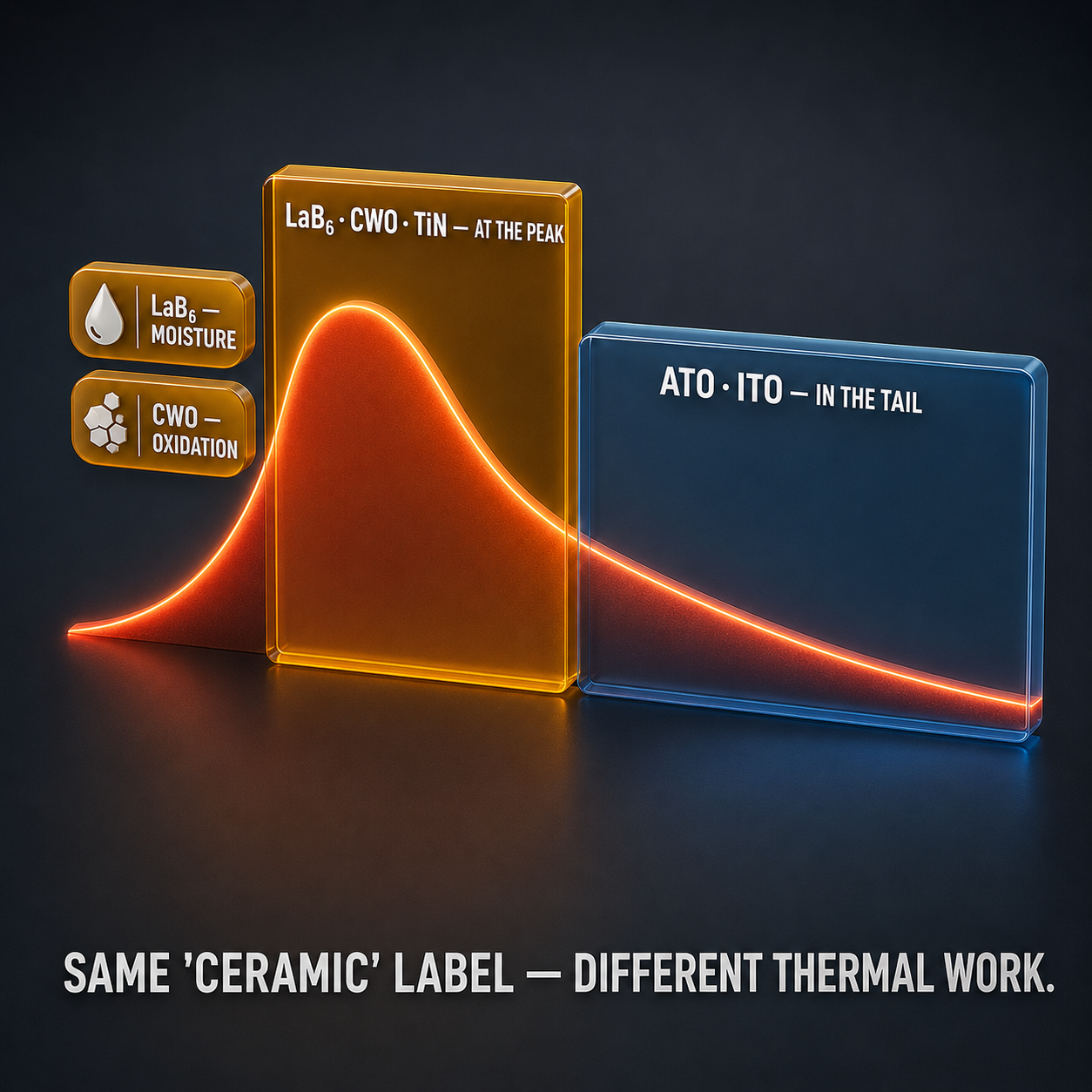 Infographic — Different Compounds, Different Zones of the Band: ATO and ITO absorb in the low-energy tail. LaB₆, CWO, and TiN work at the energy-dense peak.