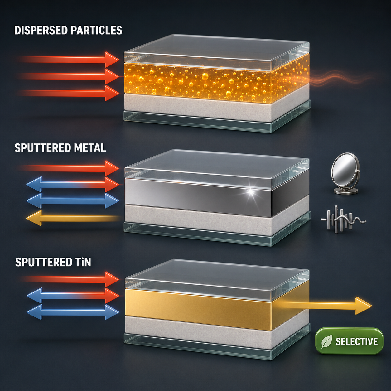 Infographic — Who Reflects, Who Absorbs: Dispersed particles capture energy in the film. Sputtered metals turn it away. Sputtered TiN turns it away selectively.