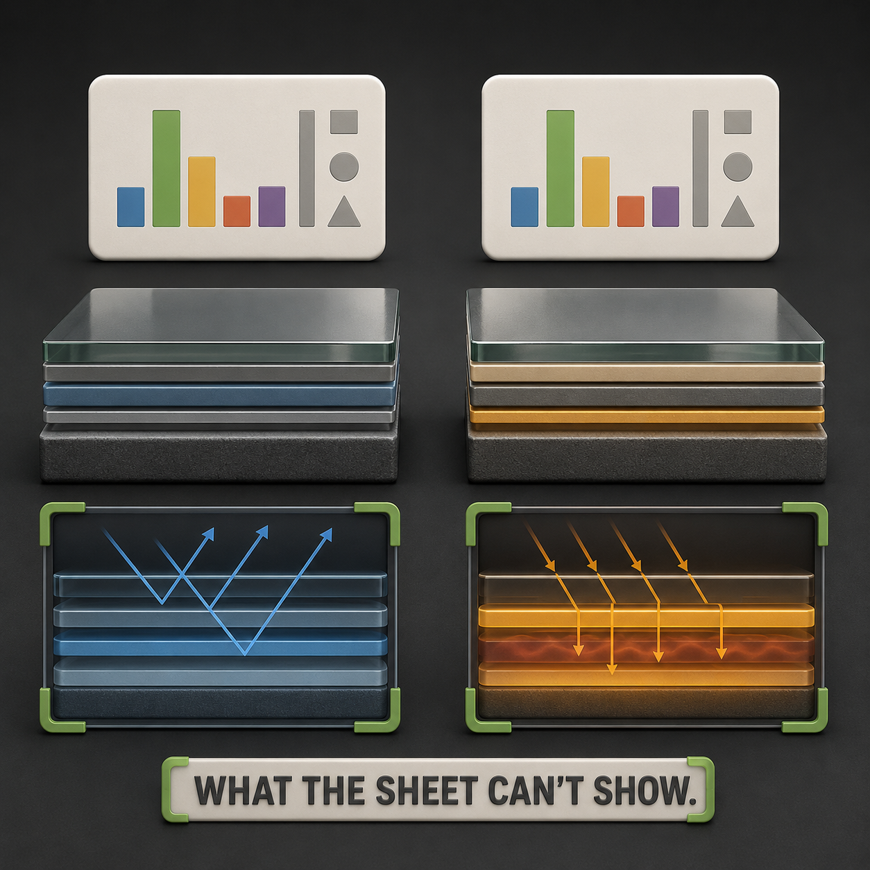 Infographic — Two Films, One Number, Two Mechanisms: A transmission-based metric scores reflection and absorption identically — the market's defining blind spot.
