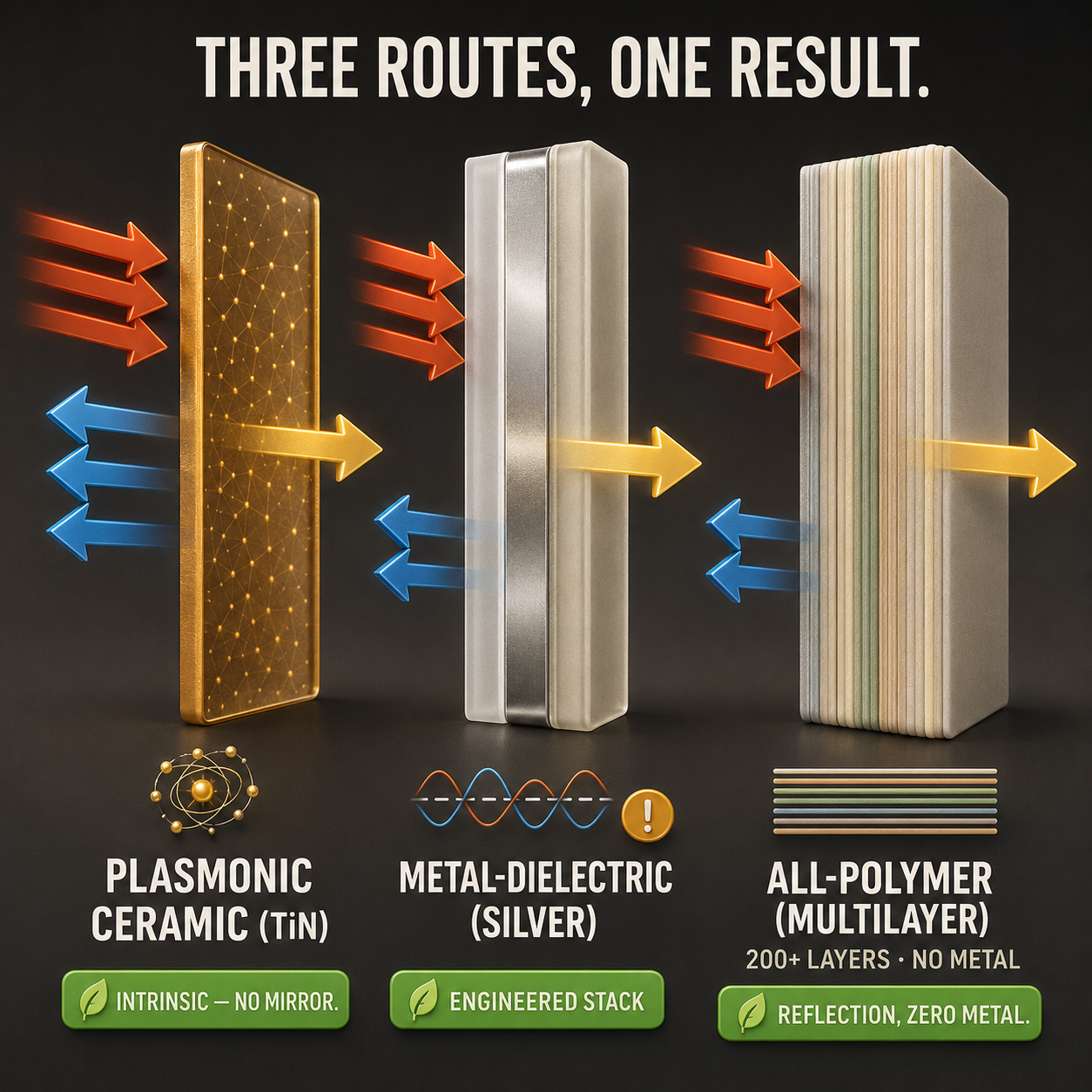 Infographic — Three Ways to Reflect Without a Mirror: Plasmonic ceramic, metal-dielectric stack, or all-polymer interference — three patented routes that turn infrared away while passing visible light.
