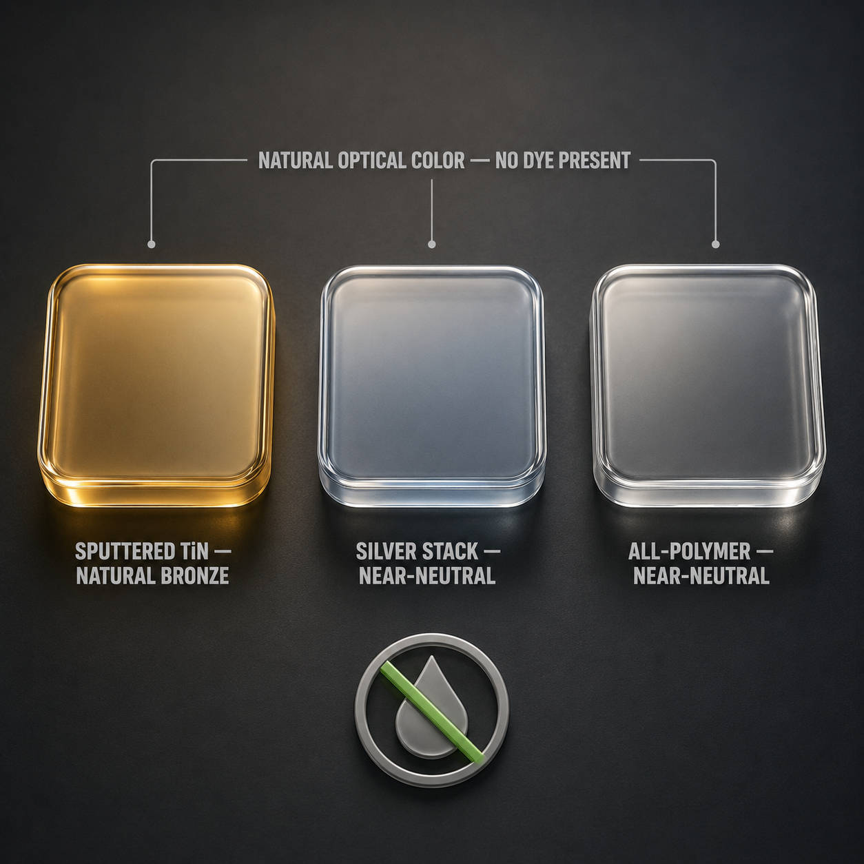 Infographic — Each Engine Signs Its Work: At film thickness TiN carries a natural warm bronze-gold; silver and all-polymer stacks read near-neutral — color from the material, not a dye.