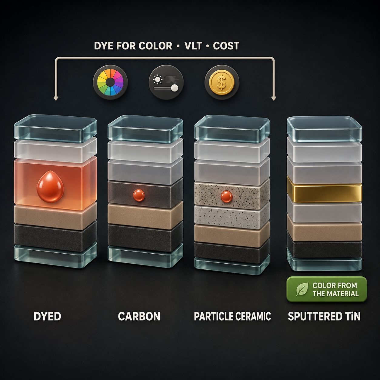 Infographic — The Ingredient Marketing Doesn't Mention: Color tuning, VLT control, cost efficiency — dye appears in nearly every film type, including many 'ceramics' and 'carbons.'