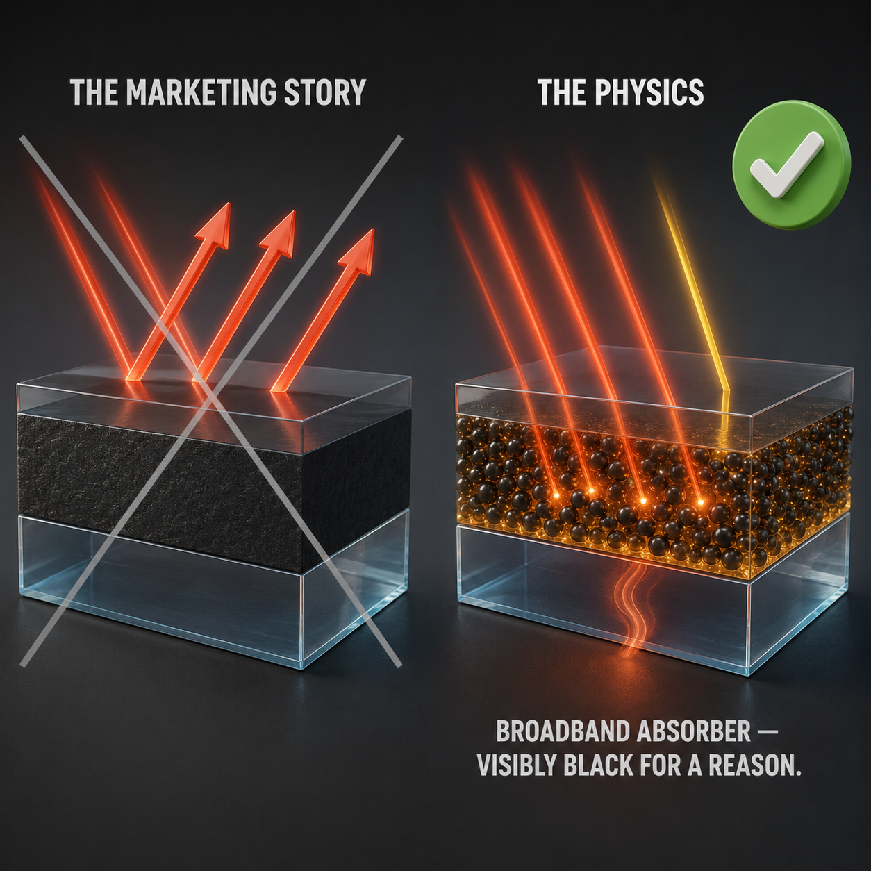 Infographic — Carbon Absorbs — That's Why It's Black: A material that looks black is absorbing broadly across the visible spectrum, not reflecting it. The mirror story describes a mechanism carbon doesn't have.