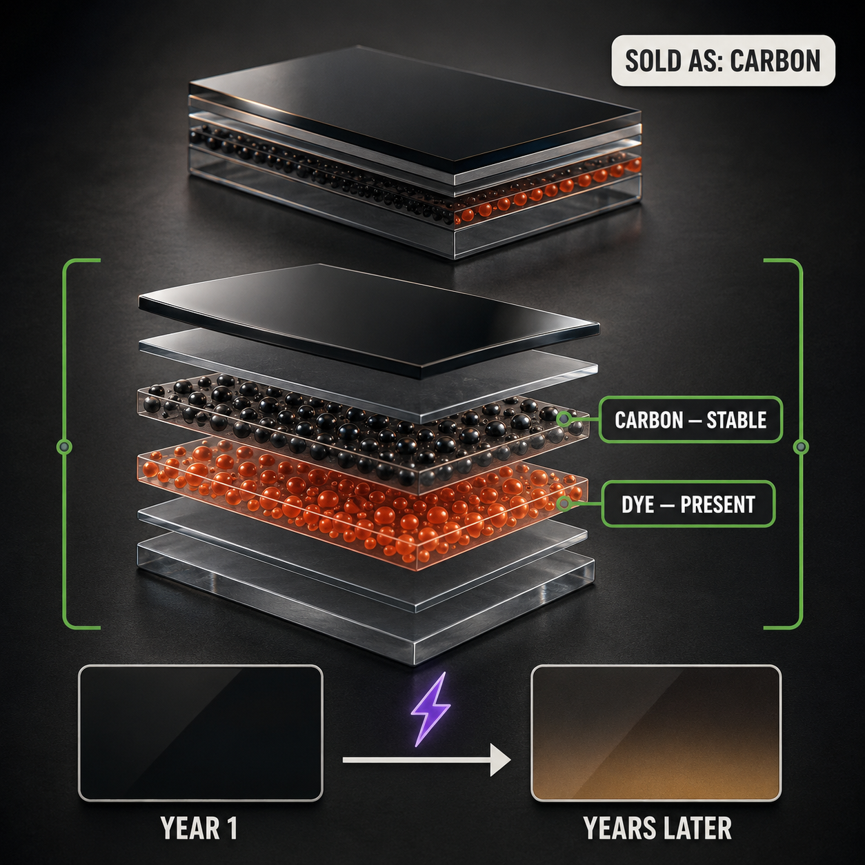 Infographic — 'Carbon Doesn't Fade' — True of the Element, Conditional for the Product: Carbon particles are stable. Many carbon products also carry dye — and when the dye degrades, the film shifts anyway.