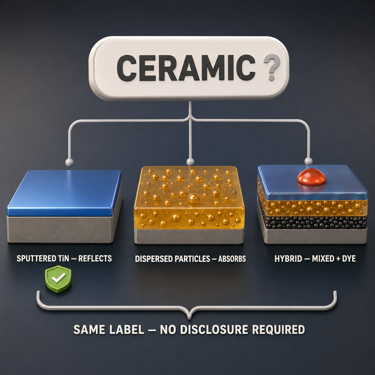 Infographic — What 'Ceramic' Is Allowed to Mean: Sputtered TiN, dispersed particles, or a hybrid with dye — one label, three constructions, no disclosure required.